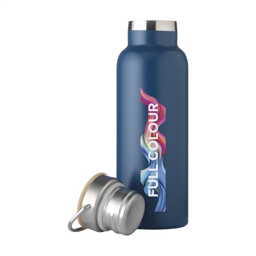 DeBle Nordvik RVS thermosfles 500 ml dubbelwandig met bamboe dop en logo, herbruikbare vacuüm geïsoleerde drinkfles