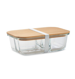 DéBlé glazen lunchbox met bamboe deksel 800 ml MO6973 bedrukt met logo en drie compartimenten