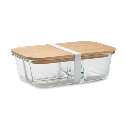 DéBlé glazen lunchbox met bamboe deksel 800 ml MO6973 bedrukt met logo en drie compartimenten