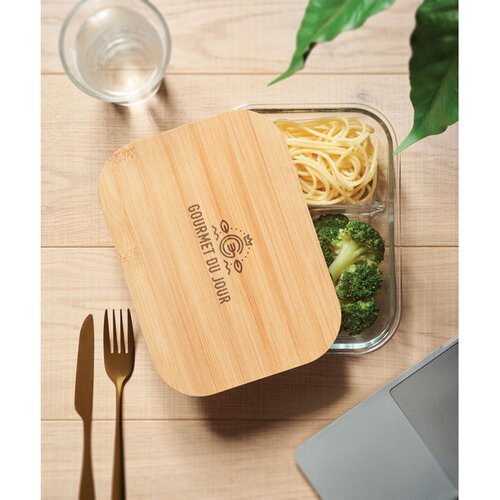 DéBlé glazen lunchbox met bamboe deksel 800 ml MO6973 bedrukt met logo en drie compartimenten