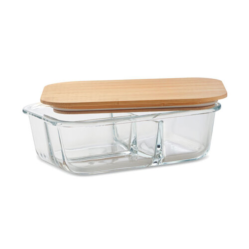 DéBlé glazen lunchbox met bamboe deksel 800 ml MO6973 bedrukt met logo en drie compartimenten