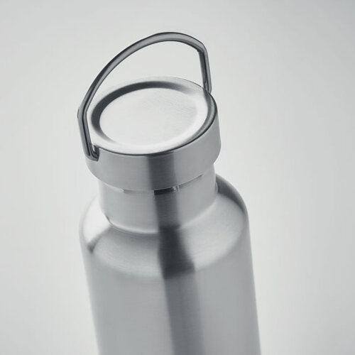 DeBle dubbelwandige thermosfles 500 ml MO2107 van gerecycled RVS met draaggreep bedrukt met logo