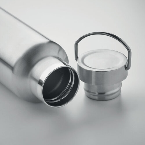 DeBle dubbelwandige thermosfles 500 ml MO2107 van gerecycled RVS met draaggreep bedrukt met logo