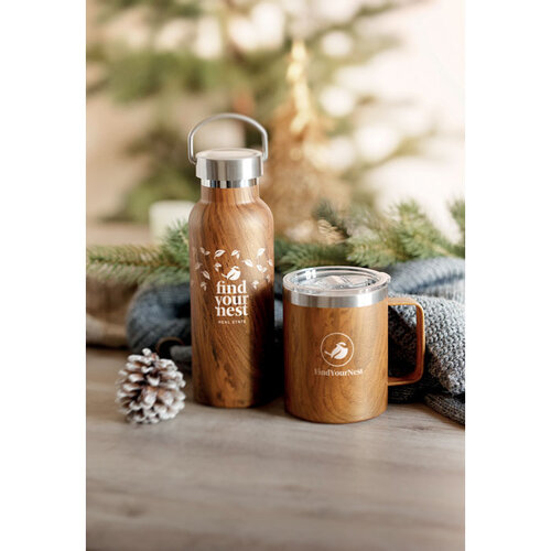 DeBle Dubbelwandige Houtlook Thermosfles 500 ml MO6931 bedrukken met logo