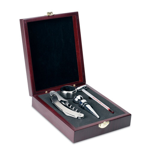 Premium wijnset IT2658 in houten doos met vier wijnaccessoires en bedrukt logo