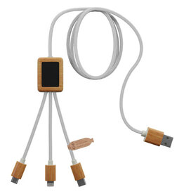 SCX.design C39 3-in-1 oplaadkabel van rPET met oplichtend logo en vierkante behuizing van bamboe