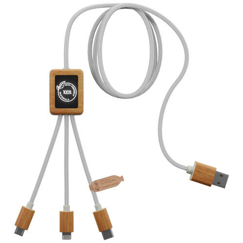 SCX.design C39 3-in-1 oplaadkabel van rPET met oplichtend logo en vierkante behuizing van bamboe 2PX108