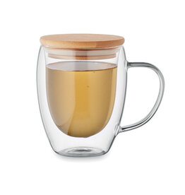Dubbelwandige borosilicaat glazen mok 300 ml MO2198 met bamboe deksel en logo