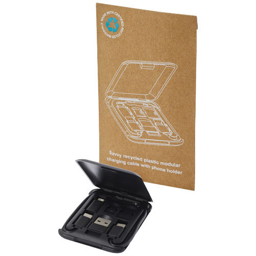 Savvy modulaire oplaadkabel van gerecycled plastic met telefoonhouder - 124361