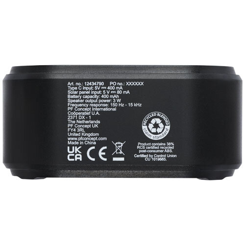 Solo IPX5 Bluetooth® speaker op zonne-energie van 3 W van RCS gerecycled plastic met karabijnhaak - 124347 Solo IPX5 Bluetooth® speaker op zonne-energie van 3 W van RCS gerecycled plastic met karabijnhaak - 124347