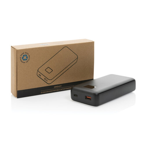 DeBle Gridley 20.000 mAh 65W laptop powerbank van RCS-gerecycled ABS bedrukken