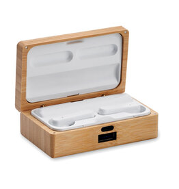 Orebam TWS oordopjes MO2303 met bamboe oplaadcase en geïntegreerde powerbank bedrukken met logo