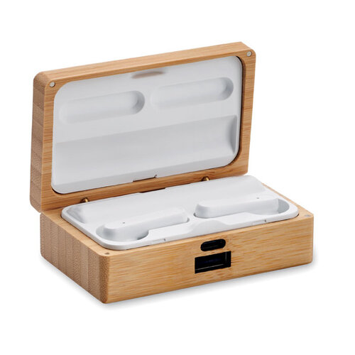 Orebam TWS oordopjes MO2303 met bamboe oplaadcase en geïntegreerde powerbank bedrukken met logo