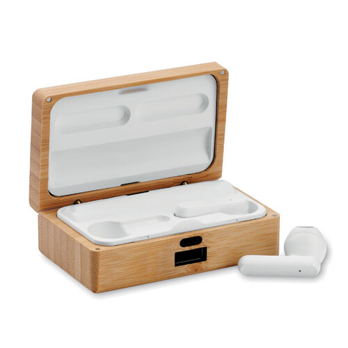 Orebam TWS oordopjes MO2303 met bamboe oplaadcase en geïntegreerde powerbank bedrukken met logo