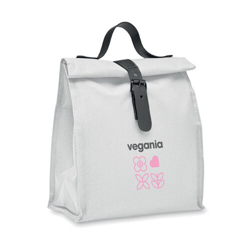 Chill RPET koeltas MO2557 van 600D RPET polyester met rolltop sluiting, PEVA-isolatie en PU handgreep bedrukken met logo