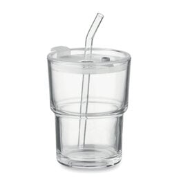 DeBle glazen beker met rietje 300 ml MO2502 met lekvrij deksel bedrukt met logo