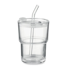 DeBle glazen beker met rietje 300 ml MO2502 met lekvrij deksel bedrukt met logo