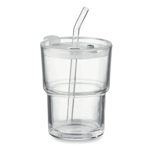 DeBle glazen beker met rietje 300 ml MO2502 met lekvrij deksel bedrukt met logo