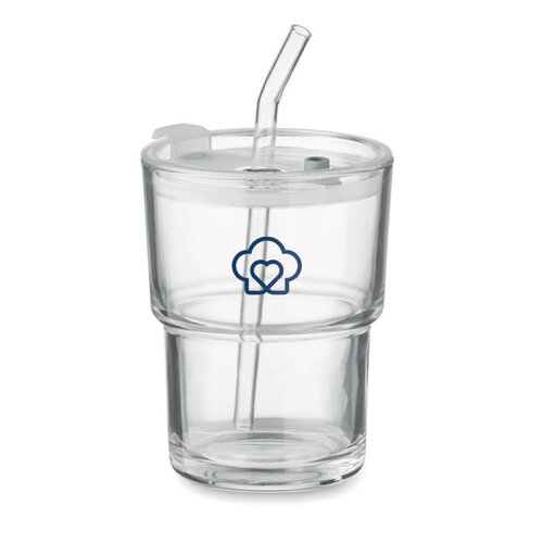 DeBle glazen beker met rietje 300 ml MO2502 met lekvrij deksel bedrukt met logo