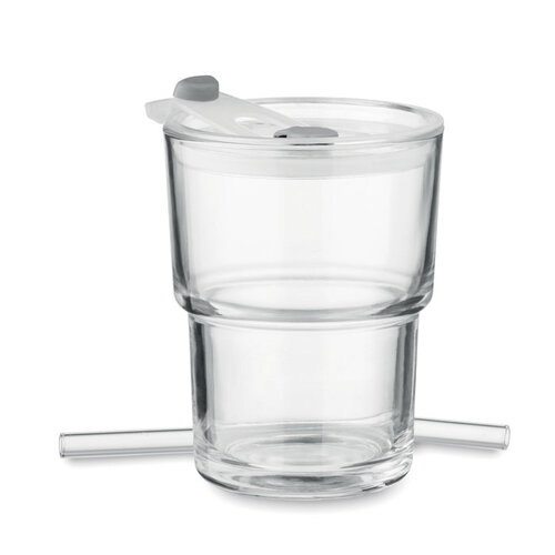 DeBle glazen beker met rietje 300 ml MO2502 met lekvrij deksel bedrukt met logo