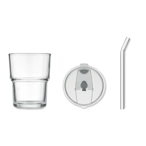 DeBle glazen beker met rietje 300 ml MO2502 met lekvrij deksel bedrukt met logo