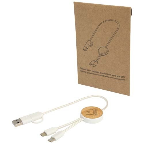 Chechia 5-in-1 30 cm datasynchronisatie- en 27 W snellaadkabel van gerecycled plastic met bamboe details