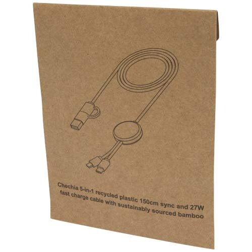 Chechia 5-in-1 150 cm datasynchronisatie- en 27 W snellaadkabel van gerecycled plastic met bamboe details Chechia 5-in-1 150 cm datasynchronisatie- en 27 W snellaadkabel van gerecycled plastic met bamboe details