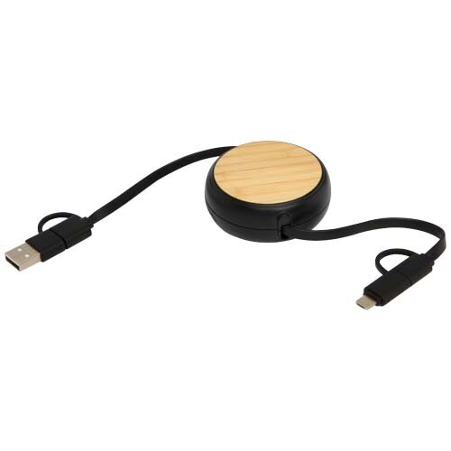 Chechia 5-in-1 100 cm intrekbare datasynchronisatie- en 45 W snellaadkabel van gerecycled plastic met bamboe details