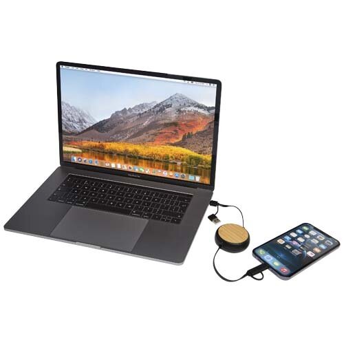Chechia 5-in-1 100 cm intrekbare datasynchronisatie- en 45 W snellaadkabel van gerecycled plastic met bamboe details