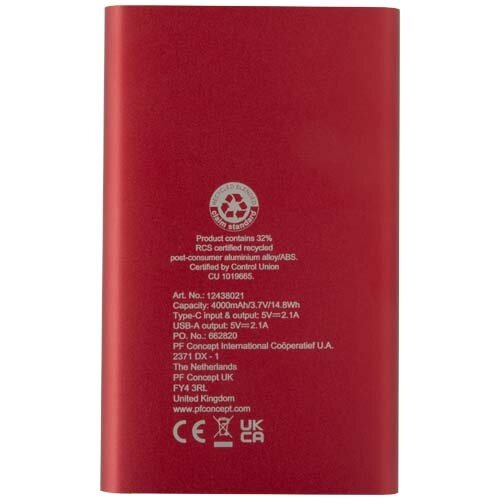 DeBle Pep Type-C Powerbank 4.000 mAh van gerecycled aluminium 124380 bedrukken met logo