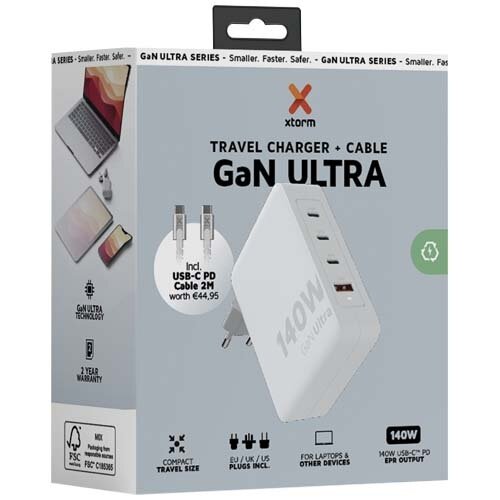 Xtorm XVC2140 GaN Ultra reislader van 140 W met USB-C PD kabel 240 W Xtorm XVC2140 GaN Ultra reislader van 140 W met USB-C PD kabel 240 W