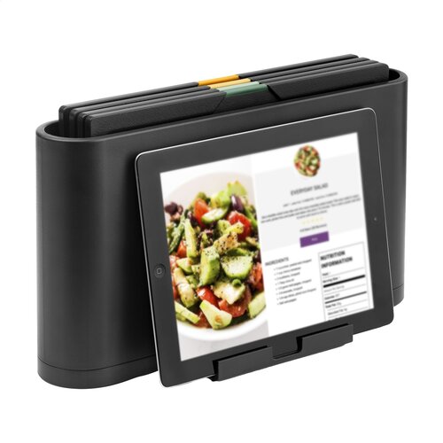 Brabantia Tasty+ Set Snijplanken - 2969.92, kunststof snijplankenset met 4 kleurgecodeerde planken en houder met tablethouder