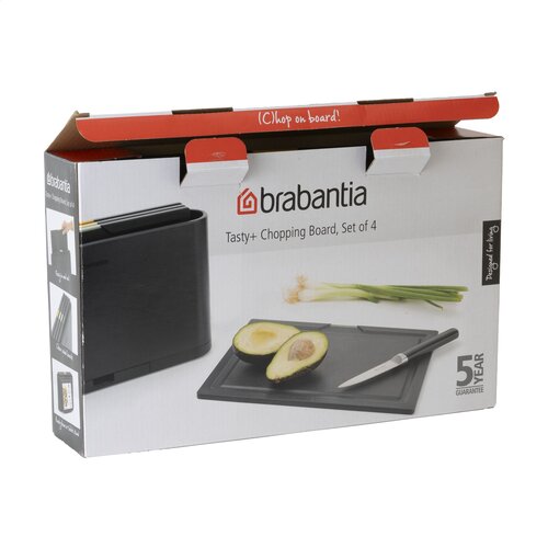 Brabantia Tasty+ Set Snijplanken - 2969.92, kunststof snijplankenset met 4 kleurgecodeerde planken en houder met tablethouder