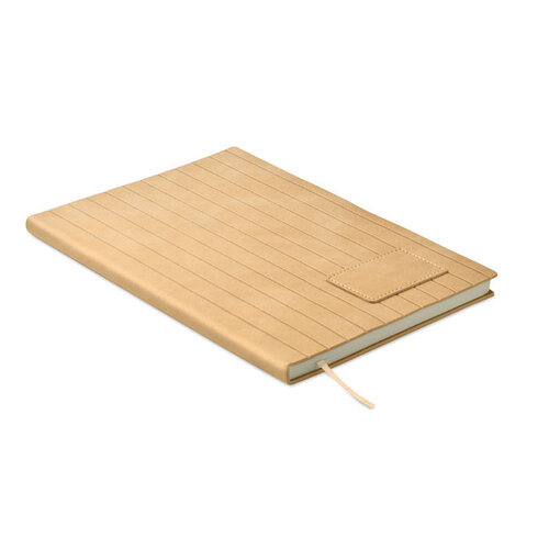 A5 Notitieboek in Smokey PU – MO2663, duurzaam relatiegeschenk met geribbelde cover van gerecycled materiaal en 160 gelinieerde pagina’s, inclusief PU-patch voor logo
