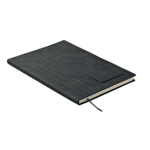 A5 Notitieboek in Smokey PU – MO2663, duurzaam relatiegeschenk met geribbelde cover van gerecycled materiaal en 160 gelinieerde pagina’s, inclusief PU-patch voor logo