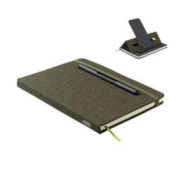 A5 notitieboek met telefoonhouder MO2687 – duurzaam notitieboek met RPET-kaft, 192 pagina’s gerecycled papier, geïntegreerde telefoonhouder en 2-in-1 balpen, ideaal relatiegeschenk