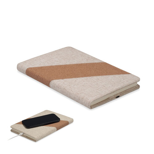 A5 Notitieboek met Lader 15W – MO2734, exclusief relatiegeschenk van kurk en katoen met 128 gelinieerde pagina’s en geïntegreerde draadloze oplader