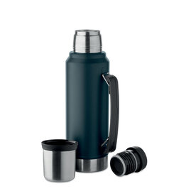 DeBle duurzame dubbelwandige thermosfles 1 liter MO2710 van gerecycled RVS met beker en draaggreep bedrukt met logo