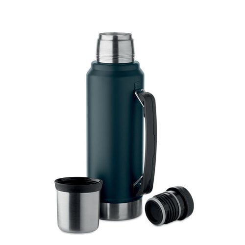 DeBle duurzame dubbelwandige thermosfles 1 liter MO2710 van gerecycled RVS met beker en draaggreep bedrukt met logo