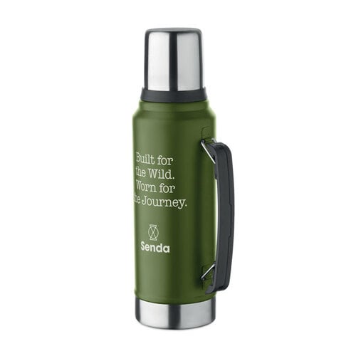 DeBle duurzame dubbelwandige thermosfles 1 liter MO2710 van gerecycled RVS met beker en draaggreep bedrukt met logo