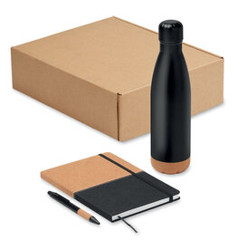 3-delige Geschenkset in Doos – MO2634, luxe relatiegeschenk met 500 ml RVS thermofles, A5 notitieboek van RPET en kurk, en aluminium balpen