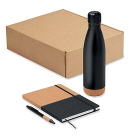 3-delige Geschenkset in Doos – MO2634, luxe relatiegeschenk met 500 ml RVS thermofles, A5 notitieboek van RPET en kurk, en aluminium balpen