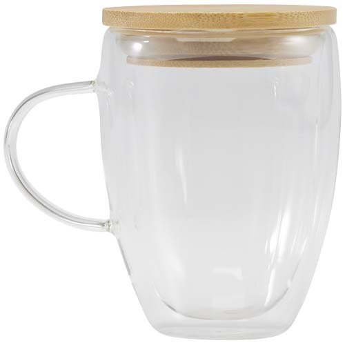 Leona dubbelwandige glazen beker 350 ml met bamboe deksel 11341801 en logo