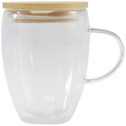Leona dubbelwandige glazen beker 350 ml met bamboe deksel 11341801 en logo
