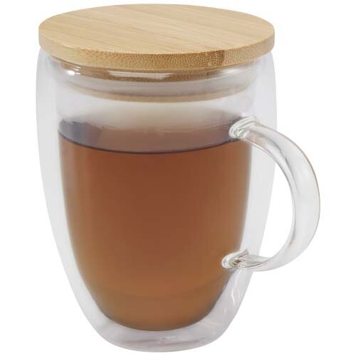 Leona dubbelwandige glazen beker 350 ml met bamboe deksel 11341801 en logo