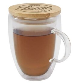 Leona dubbelwandige glazen beker 350 ml met bamboe deksel 11341801 en logo