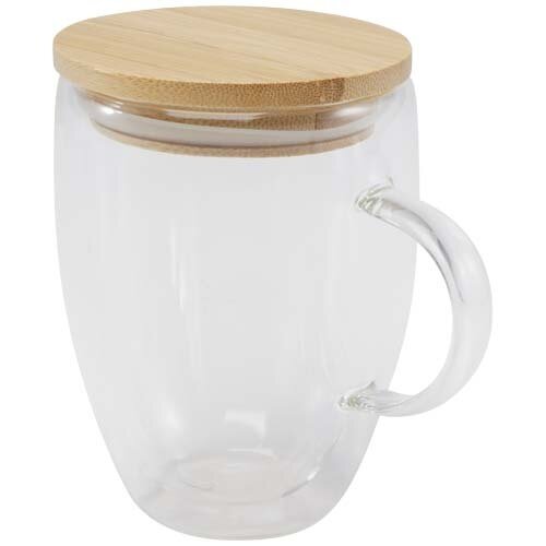 Leona dubbelwandige glazen beker 350 ml met bamboe deksel 11341801 en logo