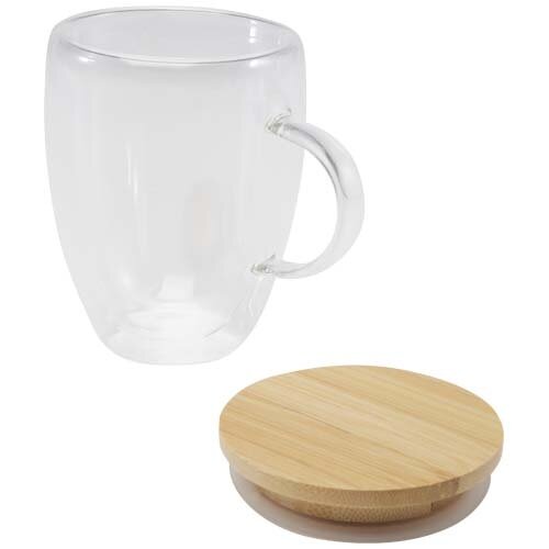 Leona dubbelwandige glazen beker 350 ml met bamboe deksel 11341801 en logo