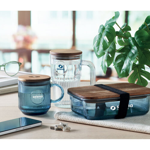 Glazen mok met ribbels 300 ml met FSC deksel en logo bedrukken DeBle