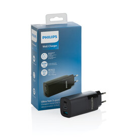 "Philips 65W USB oplader met 3 poorten, compact en veilig, ideaal als premium relatiegeschenk"
